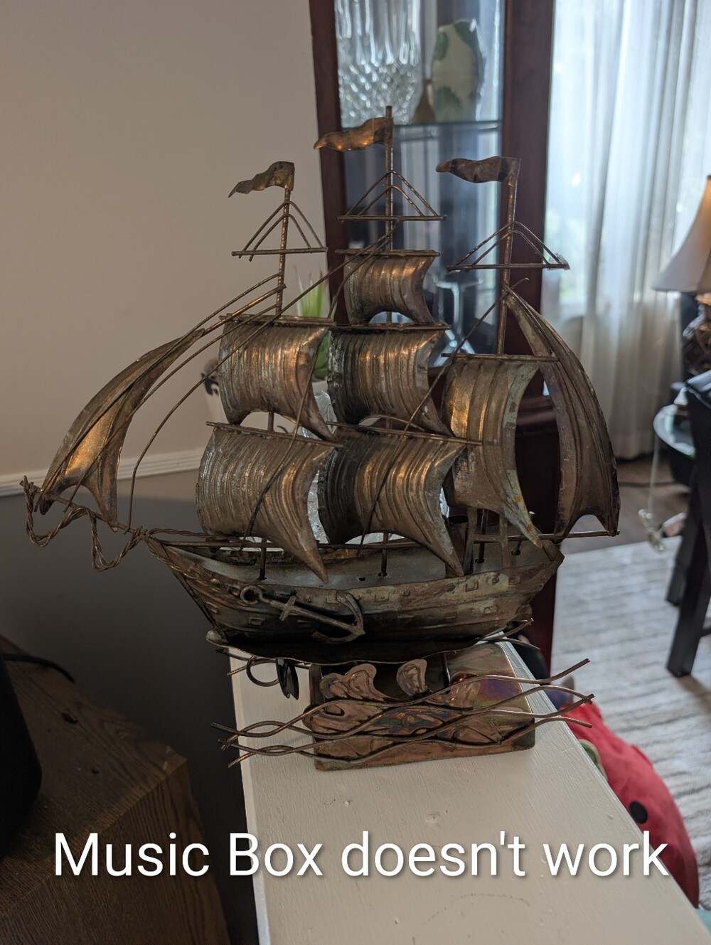 Vintage Tin/Copper Tone Metal Sail Ship Musical Box (Large)